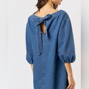Lalavon Women’s Denim Dress puff sleeve 3/4 bow detail